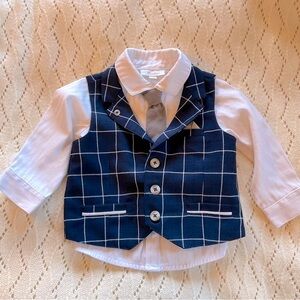 Miniclasix Formal Vest with Shirt and Tie Blue Plaid Baby Toddler Boy 12 Months